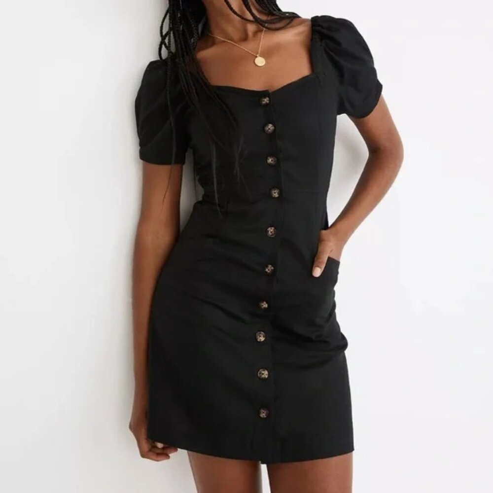 Madewell Black Linen-Cotton Puff-Sleeve Mini Dress